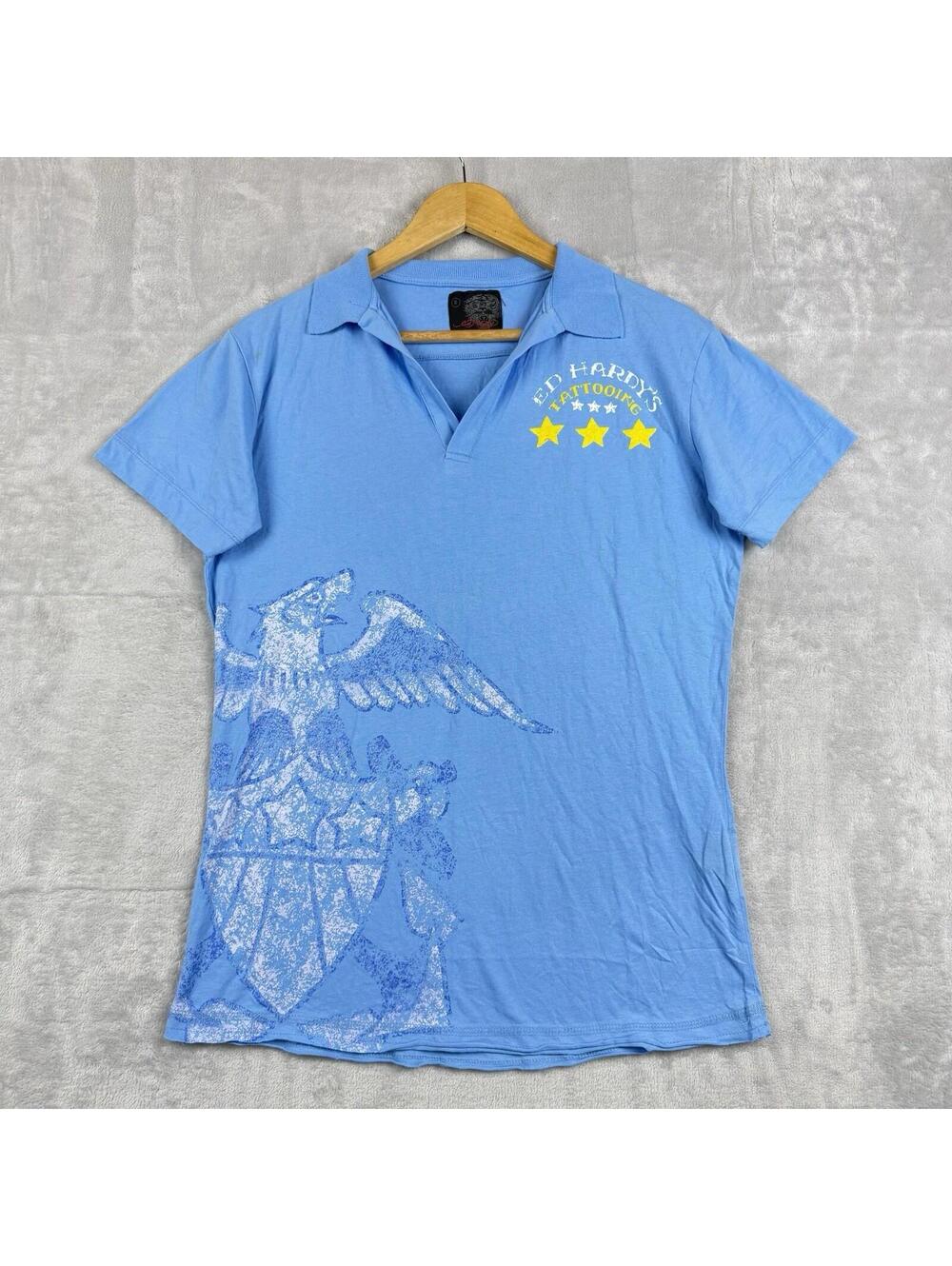 Ed Hardy Eagle Graphic Polo Shirt Womens S Blue Y2K Tiger Tattoo Rainstone NWTT - Picture 2 of 9